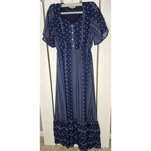 Polagram Women's Blue Tiered Maxi Geometric Cottage Dress Flutter Sleeve‎ Small